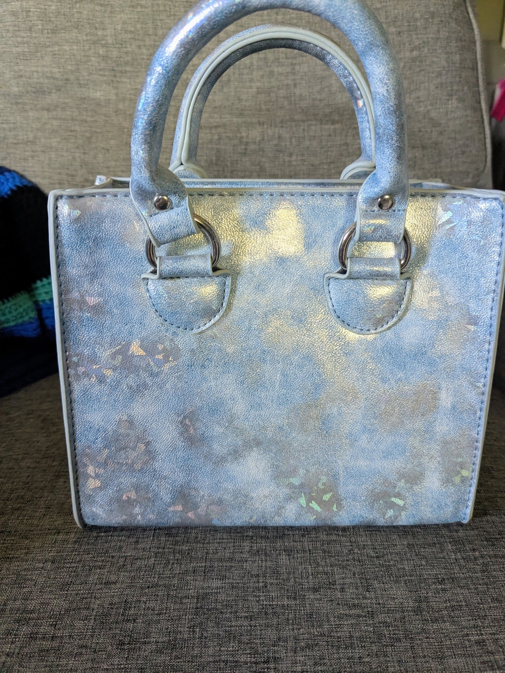 Iridescent Light Blue Structured Top-Handle Bag